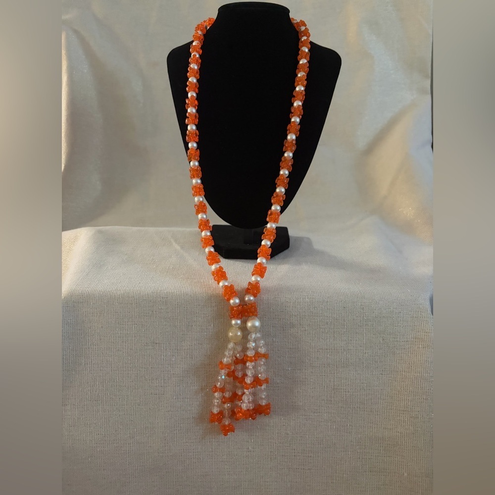 Orange and White Beaded Tassel Necklace